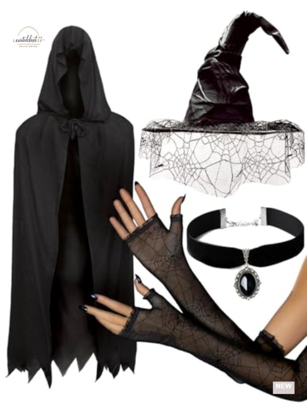 Witch Costume Accessories Set Lace Hat Veil Hooded Cape Arm Sleeves Choker